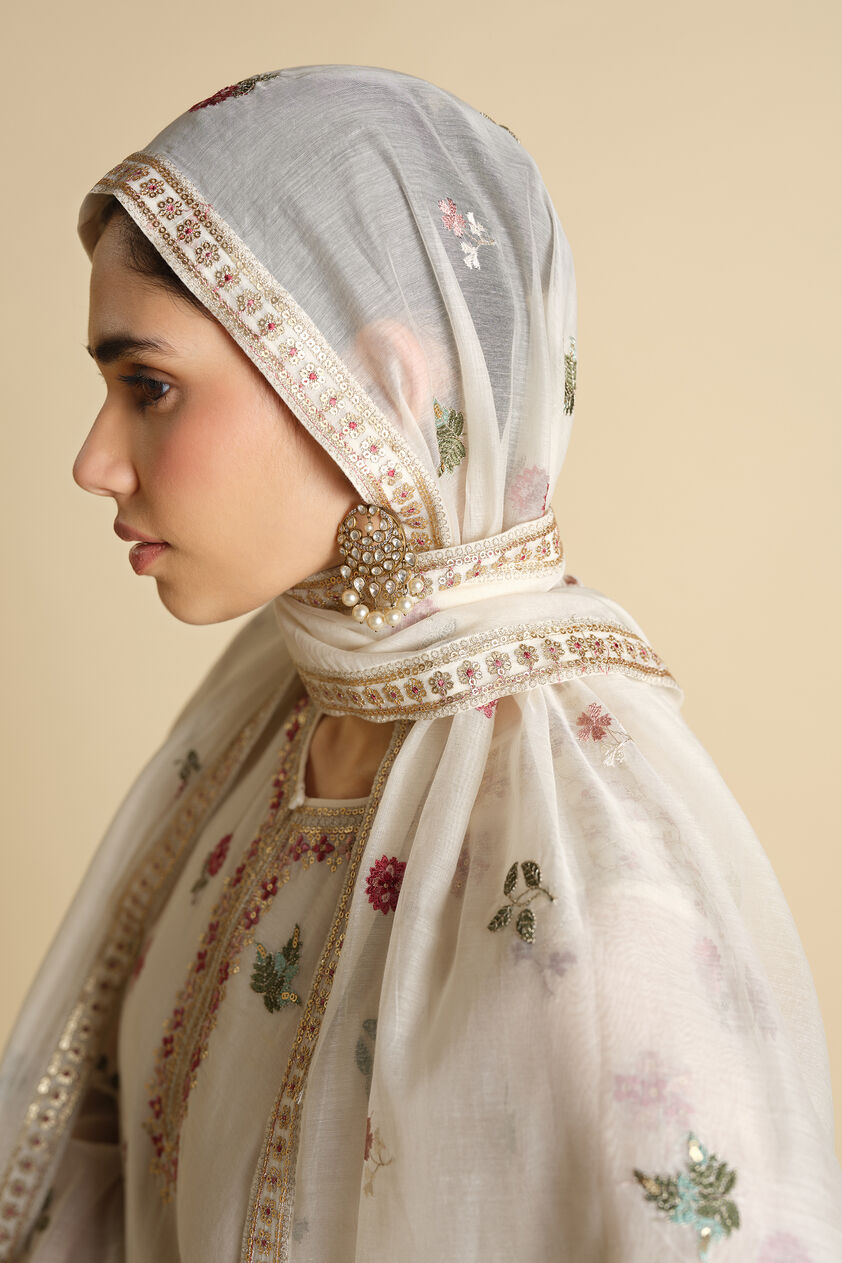 Marzun Embroidered Mul Stole - Ivory, Ivory, image 1